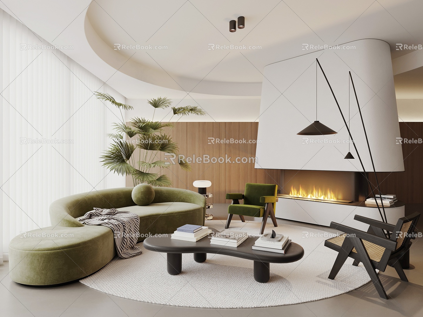 Quiet Style Minimalist Living Room Sofa Tea Table Teng Chair Fireplace Fireplace Floor Lamp Green Planting Side Books and Magazines 3d model