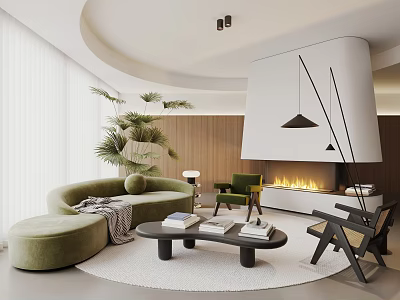 Modern Living Room Interior With Green Sofa Round Coffee Table Fireplace Potted Plant And Rug 3d model