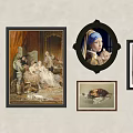 Vintage Wall Decor Featuring Framed Artworks And Round Decorative Mirror