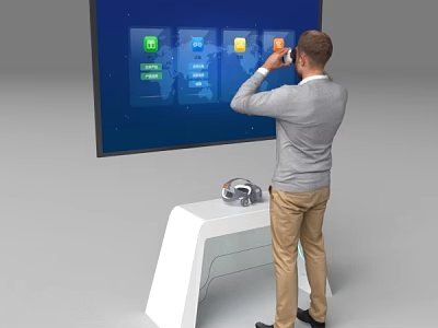 Tech Exhibition Hall Featuring Man Operating Large Interactive Screen With Colorful Icons And Headphones 3d model
