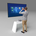 Tech Exhibition Hall Featuring Man Operating Large Interactive Screen With Colorful Icons And Headphones