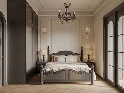Elegant Bedroom Interior Design With Four Poster Bed Chandelier Wall Sconces And Arched Windows 3d model