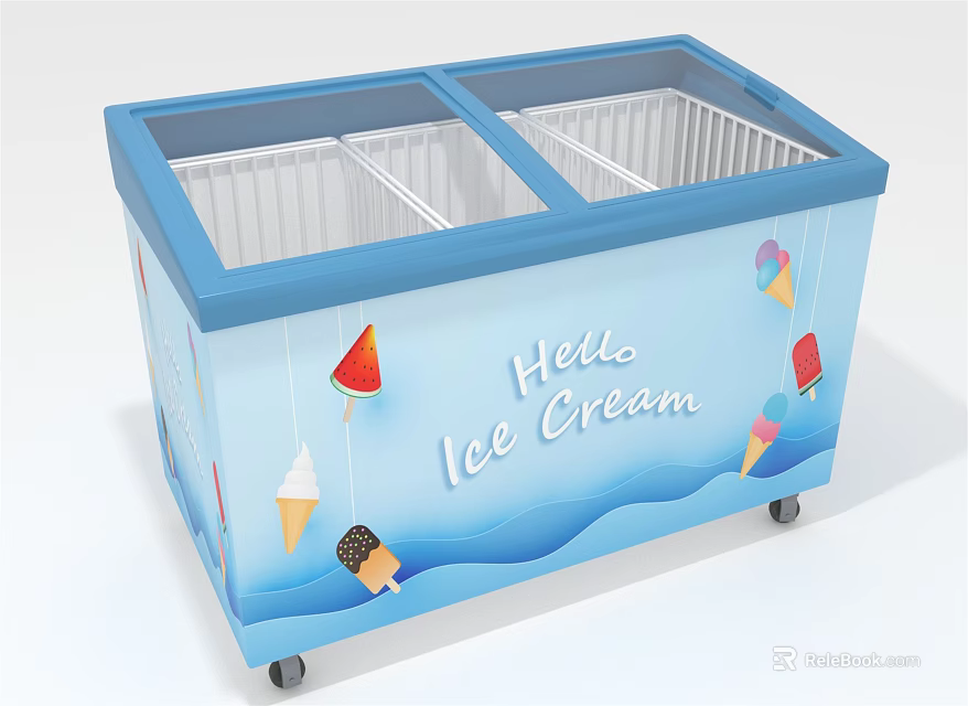 Blue Double Door Ice Cream Freezer With Hello Ice Cream Graphics And Wheels 3d model 