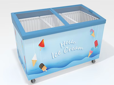 Blue Double Door Ice Cream Freezer With Hello Ice Cream Graphics And Wheels 3d model