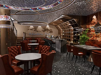 Stylish Bar Interior With Round Tables Leather Chairs Unique Ceiling And Wine Racks 3d model