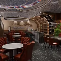 Stylish Bar Interior With Round Tables Leather Chairs Unique Ceiling And Wine Racks