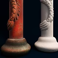 Decorative Columns with Intricate Dragon Carvings in Red and White Colors
