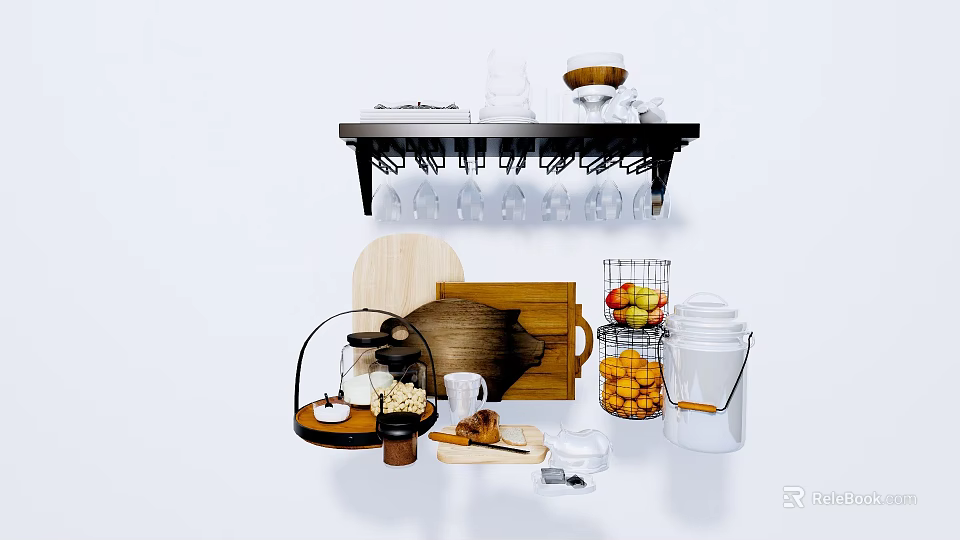 Organized Kitchen Utensils Display With Black Shelf Hanging Cups Wooden Chopping Board And Fruit Basket 3d model 