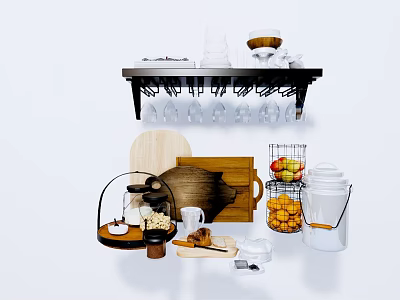 Organized Kitchen Utensils Display With Black Shelf Hanging Cups Wooden Chopping Board And Fruit Basket 3d model