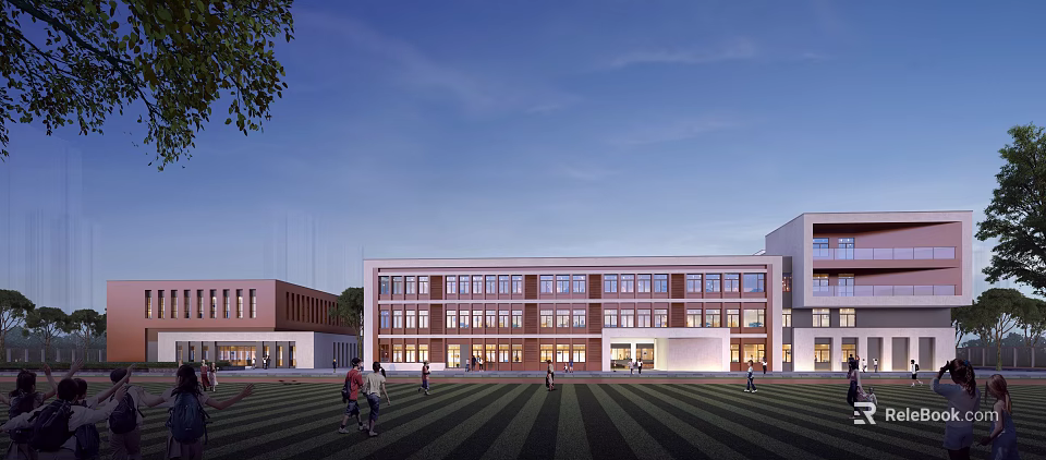 Modern School Building With Red Brick White Exterior Large Windows And Front Lawn 3d model 