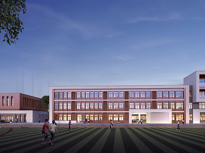 Modern School Building With Red Brick White Exterior Large Windows And Front Lawn 3d model