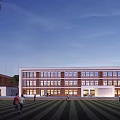Modern School Building With Red Brick White Exterior Large Windows And Front Lawn