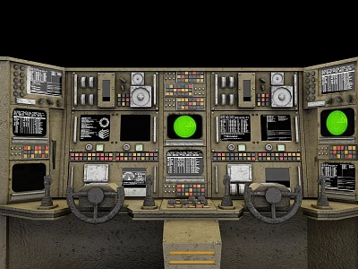 Vintage Industrial Control Panel With Multiple Green Screens Buttons Dials And Control Levers 3d model
