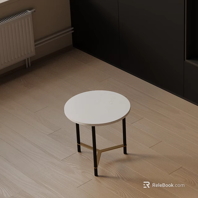 Modern Round Side Table With White Surface And Black Gold Legs On Wooden Floor 3d model 