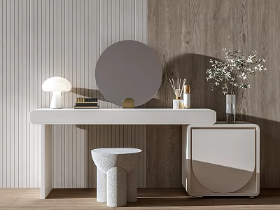 Minimalist White Dressing Table With Round Mirror Stool Lamp And Flower Vase 3d model