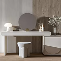 Minimalist White Dressing Table With Round Mirror Stool Lamp And Flower Vase 3d model