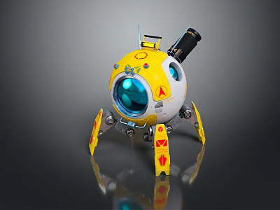 Cute Yellow And White Spherical Robot With Blue Eyes And Mechanical Legs 3d model