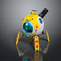 Cute Yellow And White Spherical Robot With Blue Eyes And Mechanical Legs