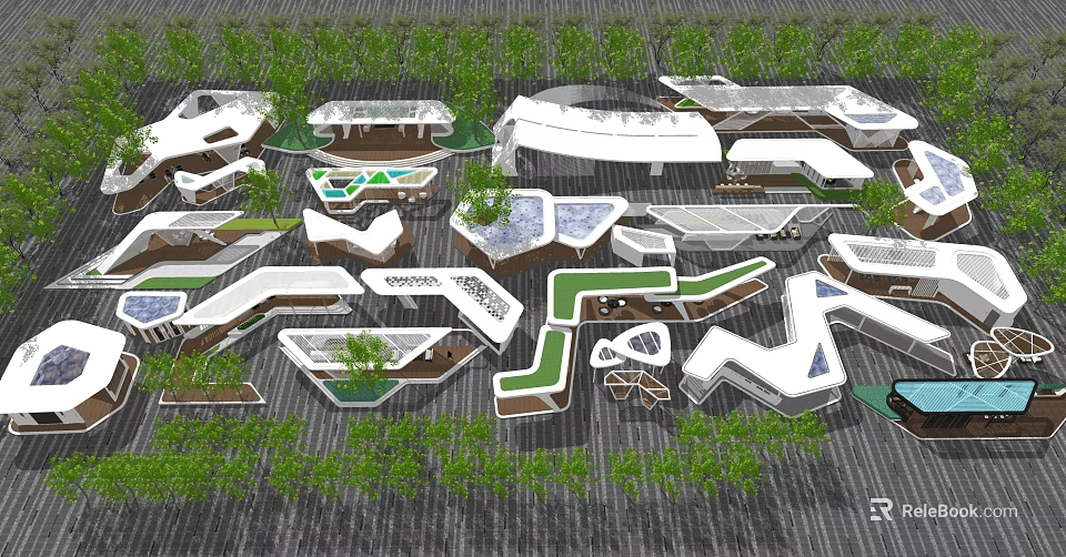 Modern Pergola Structures With Geometric Shapes And Greenery In Landscape Design 3d model