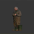 Fisherman Wearing Fishing Gear Holding Rod Near Green Bucket and Muddy Pants