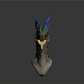 Mythical Dragon Head Sculpture With Vibrant Blue Green Horns And Open Mouth