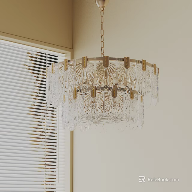 Crystal Chandelier With Gold Accents Chain Hanging In Room With Window Blinds 3d model 