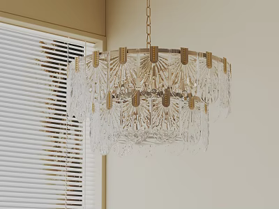 Crystal Chandelier With Gold Accents Chain Hanging In Room With Window Blinds 3d model