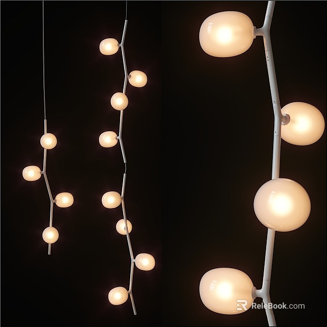 Modern Branch Chandelier With White Pole And Spherical Warm Light Bulbs For Interior Decoration 3d model 