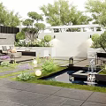 Courtyard Garden Design with Outdoor Sofa Fountain Green Plants Stone Paving and Lanterns