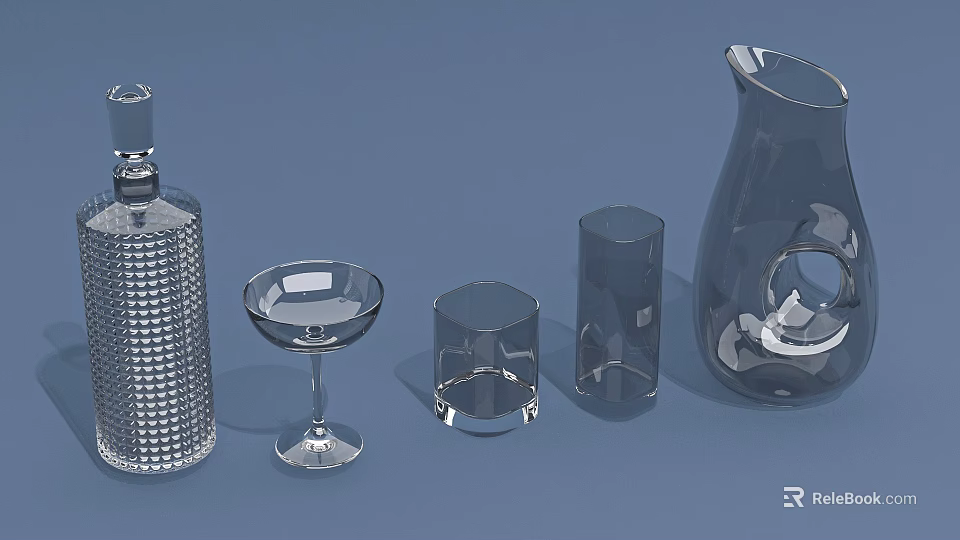 Collection Of Glass Cups Including Goblets Tumblers And Pitcher With Modern Design 3d model 