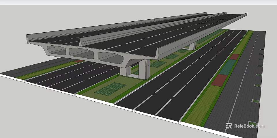 Highway Overpass Road Infrastructure With Multiple Lanes Green Belts And Support Pillars 3d model 