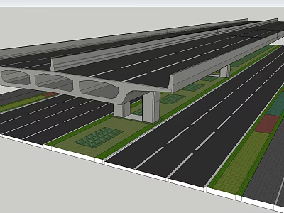 Highway Overpass Road Infrastructure With Multiple Lanes Green Belts And Support Pillars 3d model