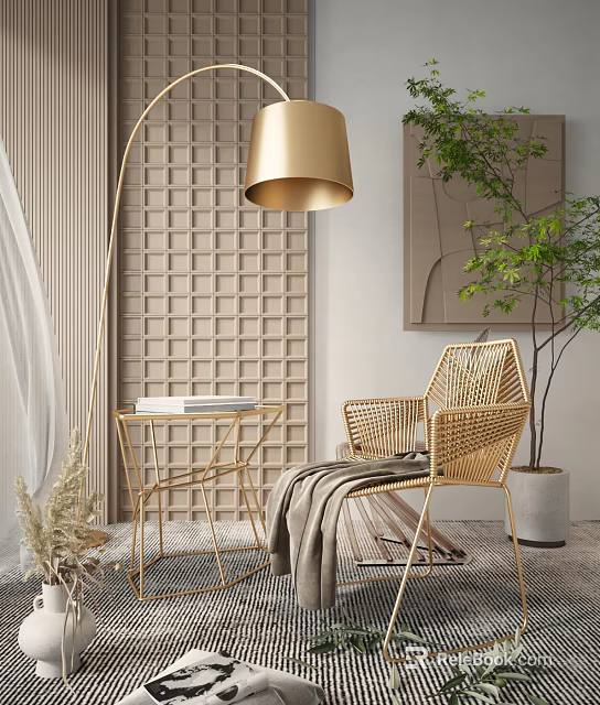 Natural Wicker Lounge Chair With Golden Floor Lamp And Side Table In Modern Living Room 3d model 