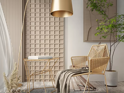 Natural Wicker Lounge Chair With Golden Floor Lamp And Side Table In Modern Living Room 3d model