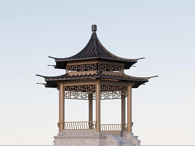 Chinese Garden Traditional Pagoda With Multi tiered Roof Carved Windows And Stone Base 3d model