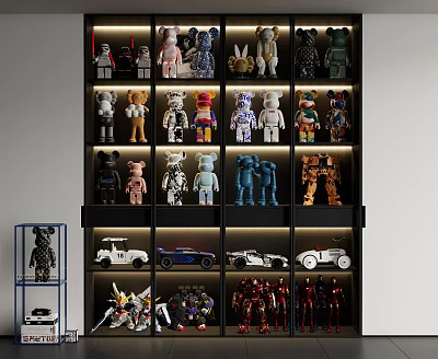 Display Cabinet with Stuffed Bears Car Models Robot Figures and LED Lighting 3d model