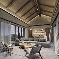 Rustic Dining and Living Room Interior With Wooden Ceiling Beams Hanging Lights And Large Windows