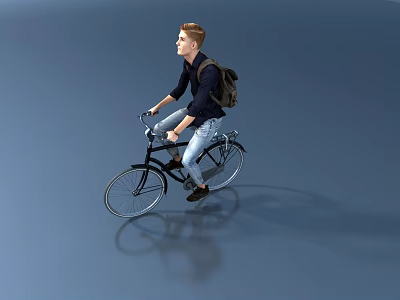 Man Riding a Bicycle With Backpack Wearing Dark Shirt And Light Pants 3d model