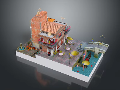Miniature Venetian Style Building Model with Canal Boat Umbrella Tables And Bridge 3d model