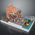 Miniature Venetian Style Building Model with Canal Boat Umbrella Tables And Bridge