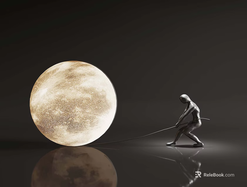 Giant Moon Being Pulled By Silhouette Figure On Dark Reflective Surface 3d model