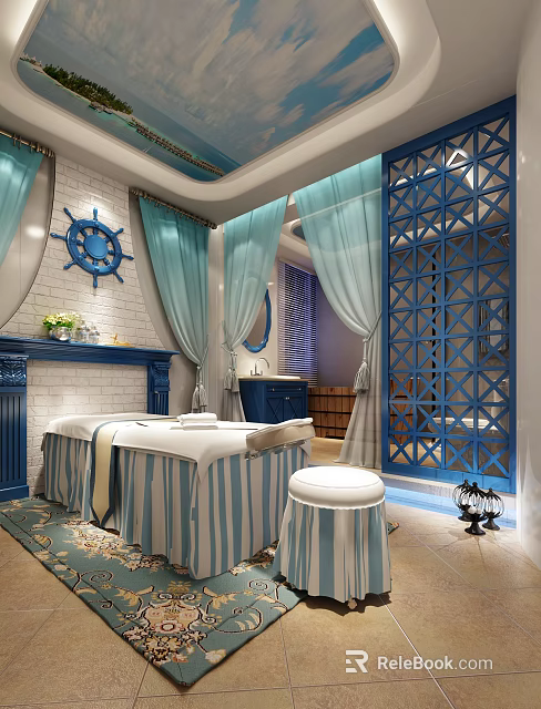 Serene SPA Sauna Space With Blue Curtains Massage Bed And Decorative Wooden Screen 3d model 