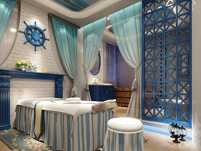 Serene SPA Sauna Space With Blue Curtains Massage Bed And Decorative Wooden Screen 3d model