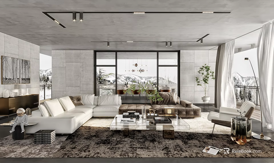 Modern Living and Dining Room Interior With White Sofa Glass Coffee Table and Large Windows 3d model 
