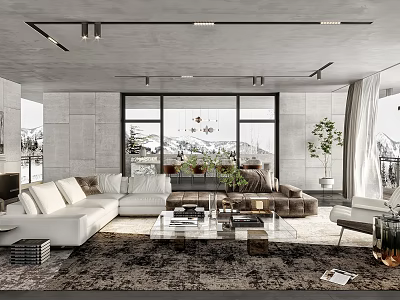 Modern Living and Dining Room Interior With White Sofa Glass Coffee Table and Large Windows 3d model