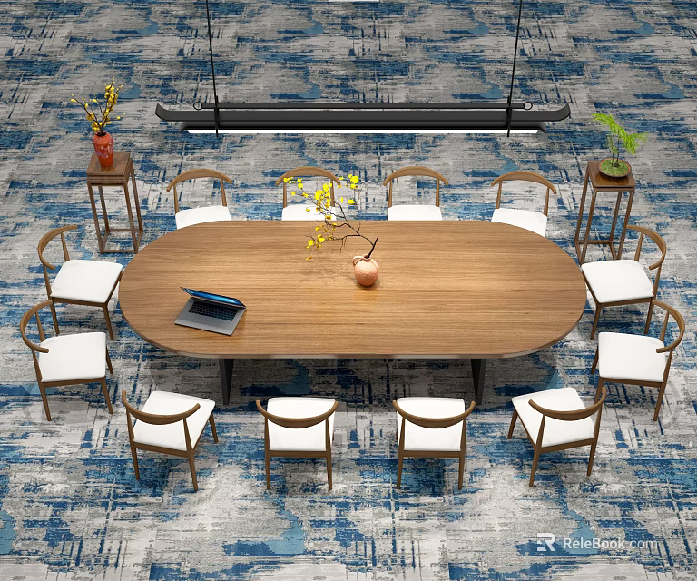 Elegant Oval Wooden Table With White Chairs Laptop And Vase On Blue Gray Patterned Carpet 3d model 