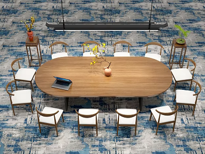 Elegant Oval Wooden Table With White Chairs Laptop And Vase On Blue Gray Patterned Carpet 3d model