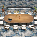 Elegant Oval Wooden Table With White Chairs Laptop And Vase On Blue Gray Patterned Carpet