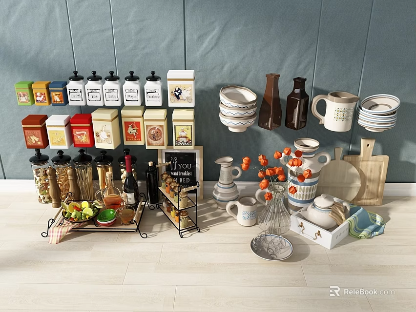 Stylish Dinnerware Set with Colorful Spice Jars Stacked Bowls White Mugs and Wooden Cutting Boards 3d model 