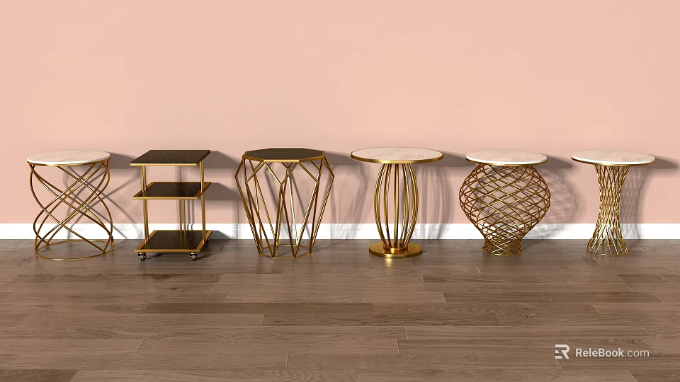 Modern Side Tables With Gold Metal Frames And Various Unique Stylish Designs 3d model